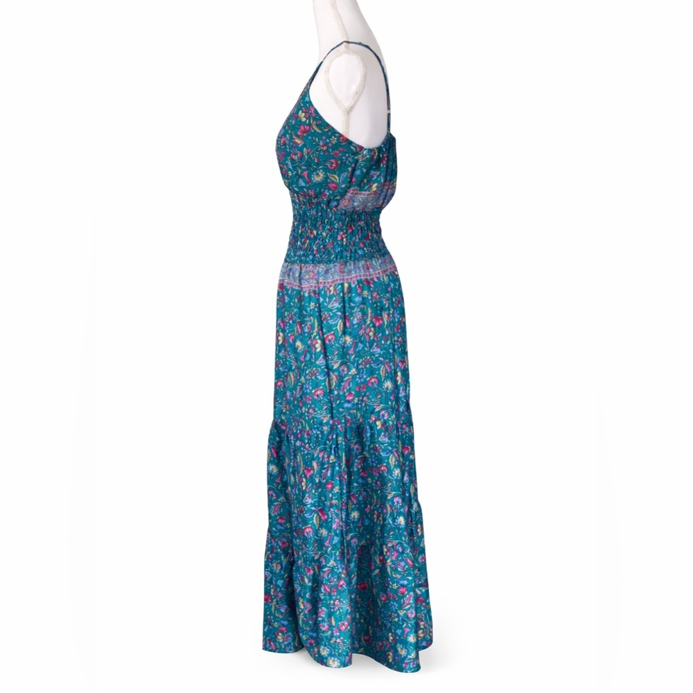 Boho Floral Smocked Waist Maxi Dress L Beach Festival Resort - Picture 2 of 6